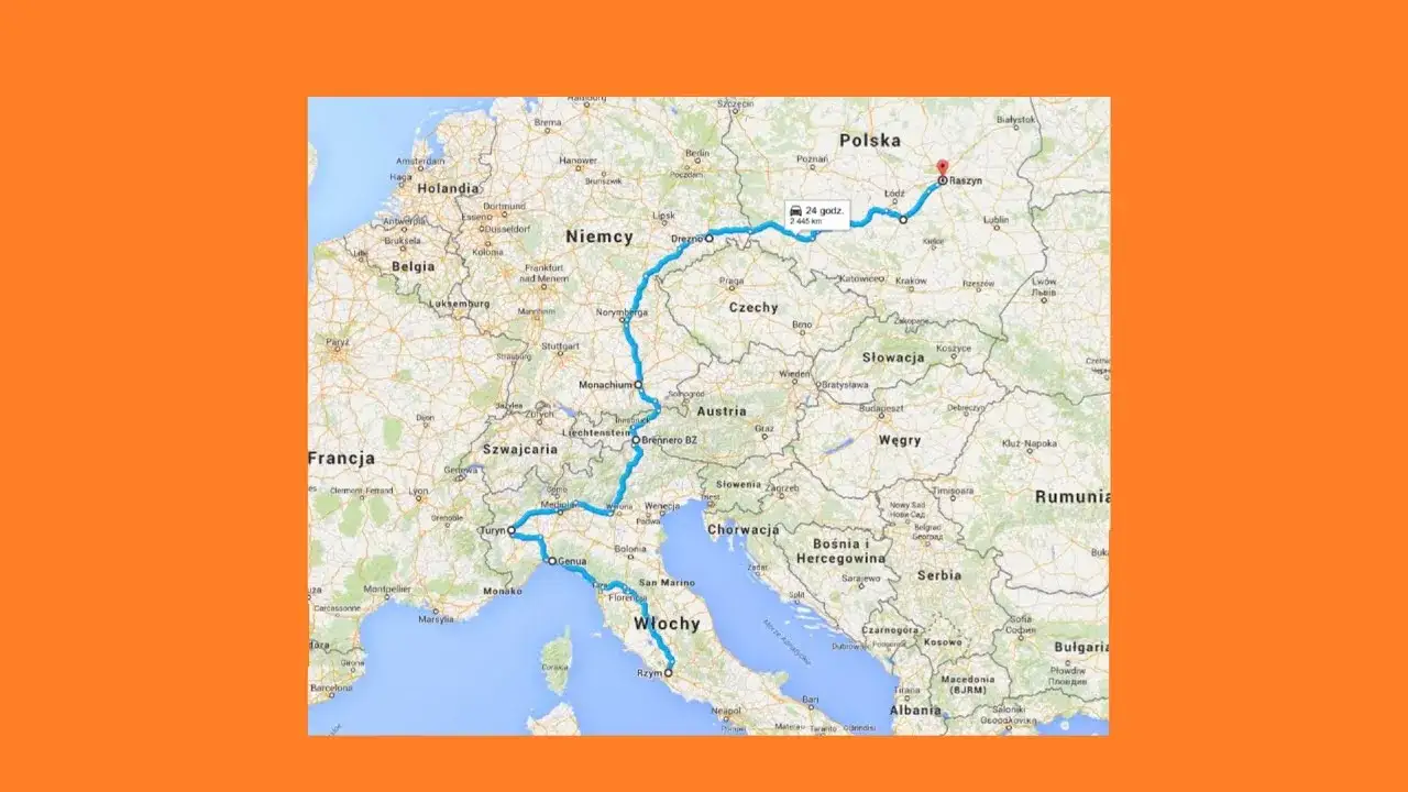 mapa trasy Polska Włochy por&oacute;wnanie