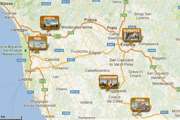 mapa trasy Polska Toskania samochodem porównanie