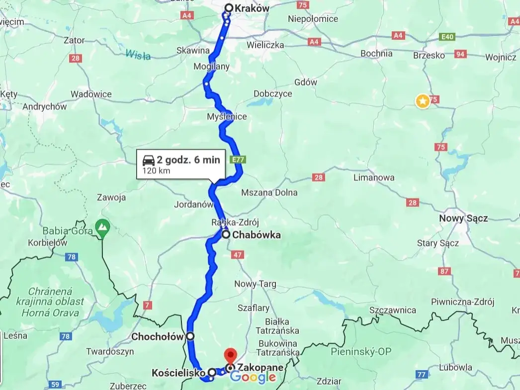 Mapa tras do Zakopanego z Krakowa, alternatywne drogi