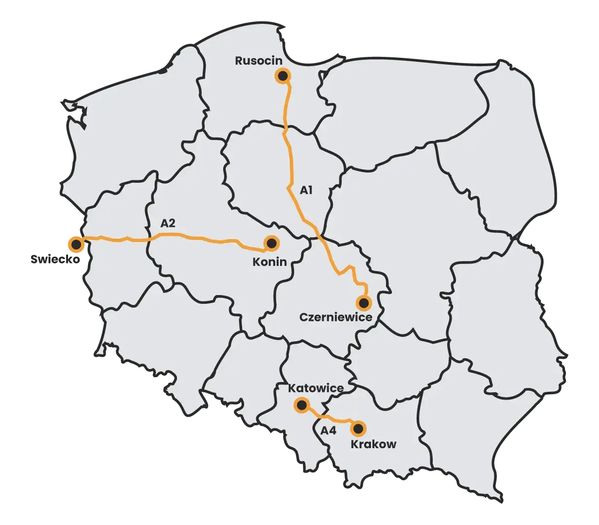 Mapa Polski z zaznaczonymi punktami MOK e-TOLL lub logo operatorów kart flotowych