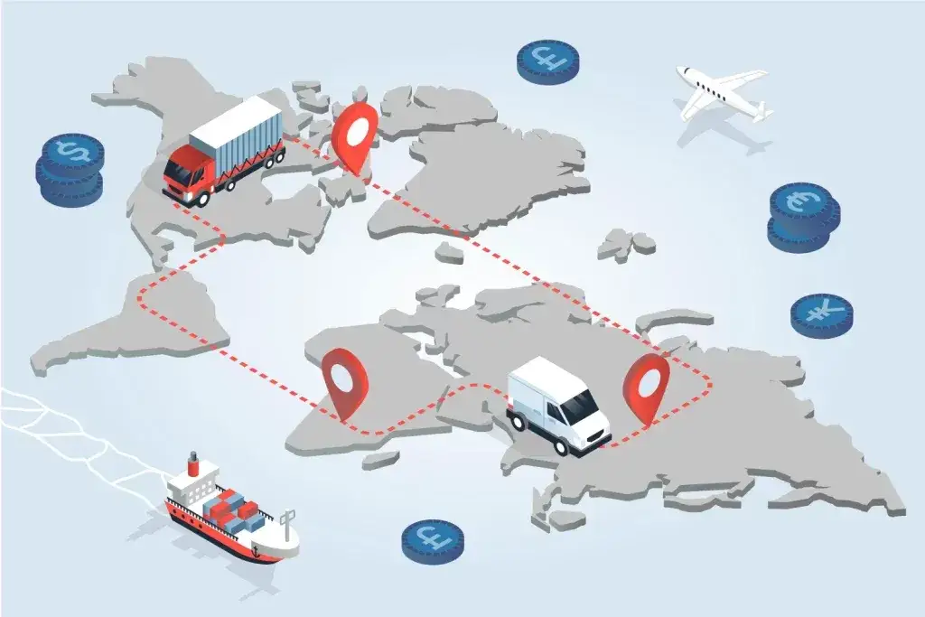 różne rodzaje transportu, mapa logistyczna, spedycja morska lotnicza drogowa