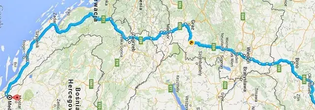 Mapa trasy Medjugorje przez Austrię