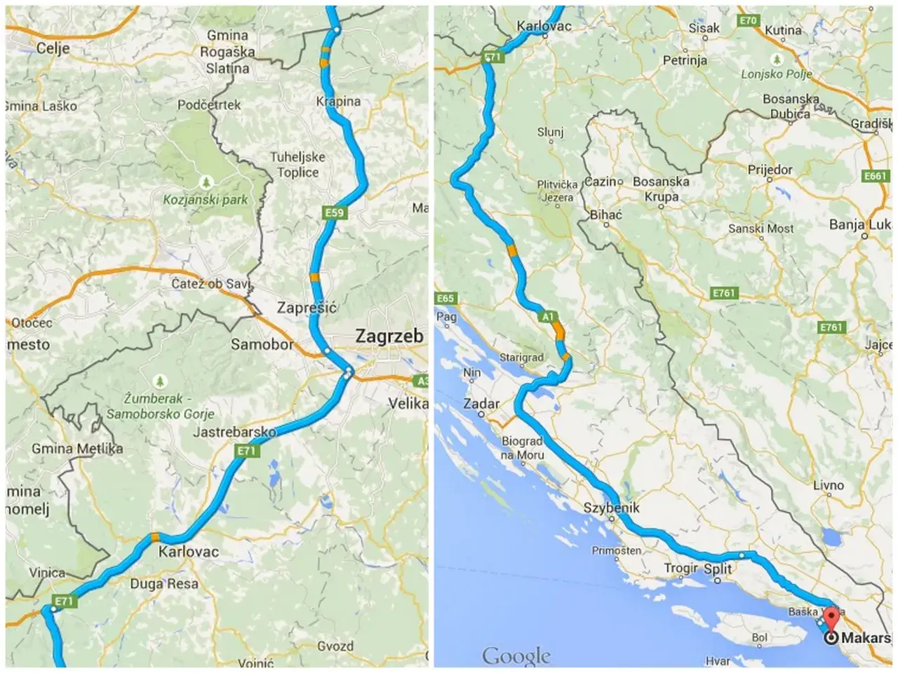 Mapa trasy Polska Makarska, porównanie trasy zachodniej i wschodniej