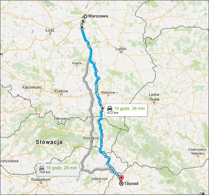 Mapa trasy Polska Rumunia samochodem porównanie