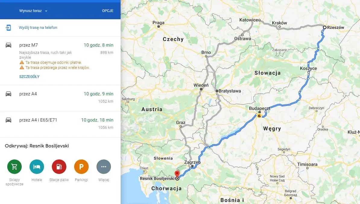 Mapa tras samochodowych Warszawa Chorwacja porównanie