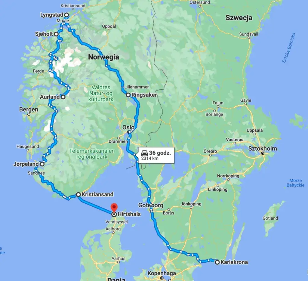 Mapa tras samochodowych Norwegia Polska promy
