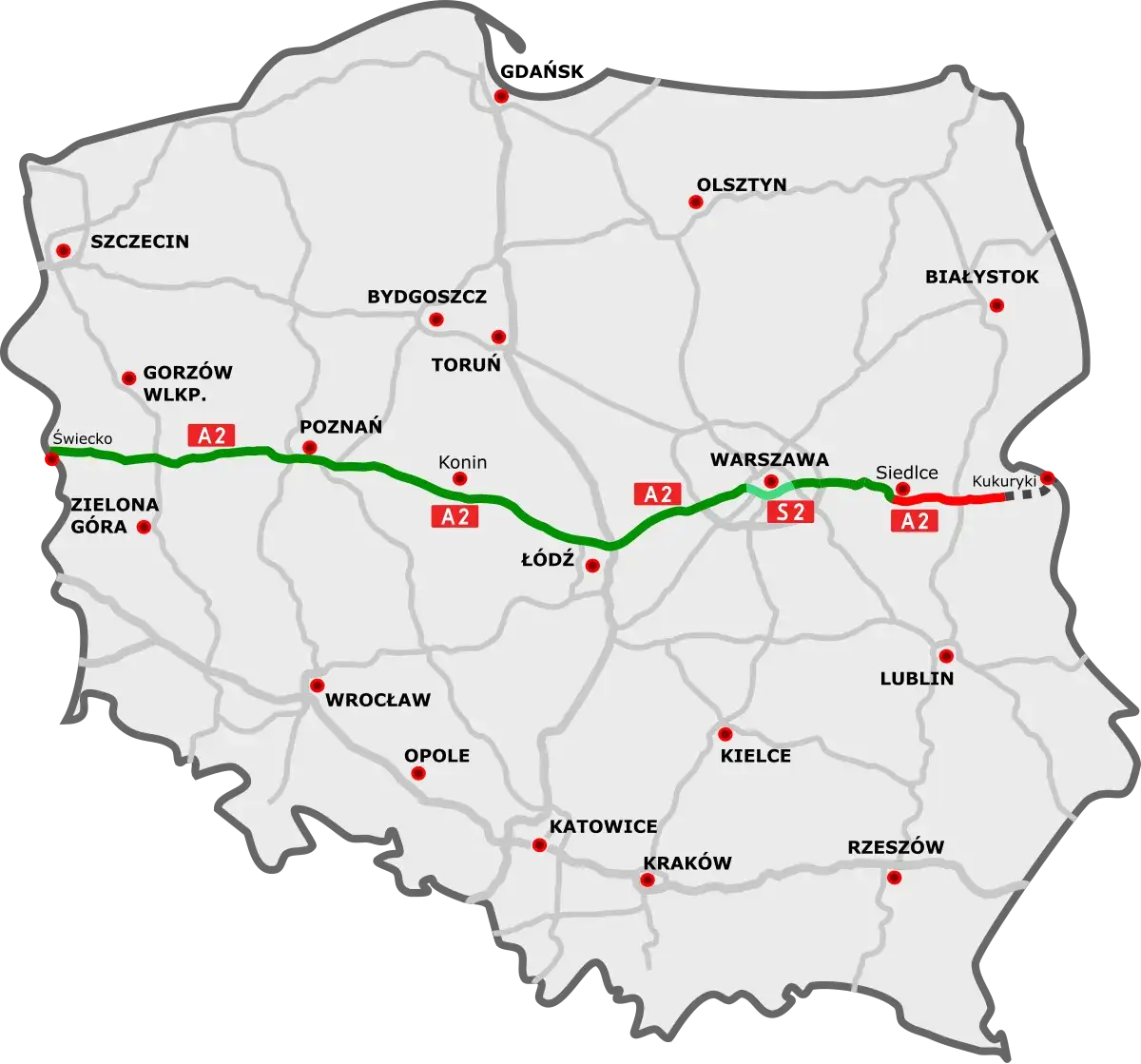 Mapa trasy Holandia Polska A2 A4