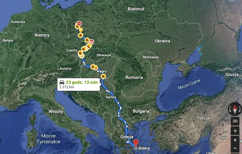 Mapa trasy Polska Grecja samochodem, porównanie tras