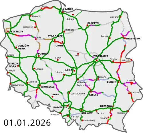 Mapa tras do Łeby z zaznaczonymi autostradami i drogami ekspresowymi