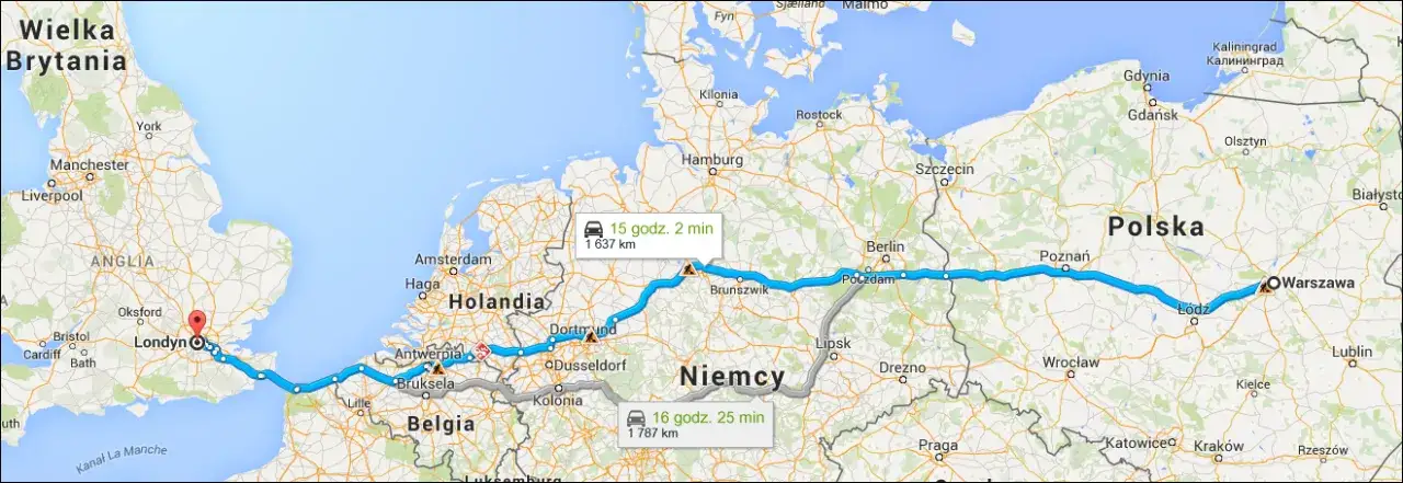 mapa trasy UK Polska samochodem