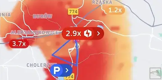 mapa mnożników bolt, godziny szczytu w aplikacji