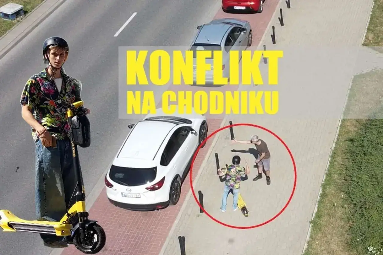 Hulajnoga elektryczna jadąca po chodniku z prędkością pieszego