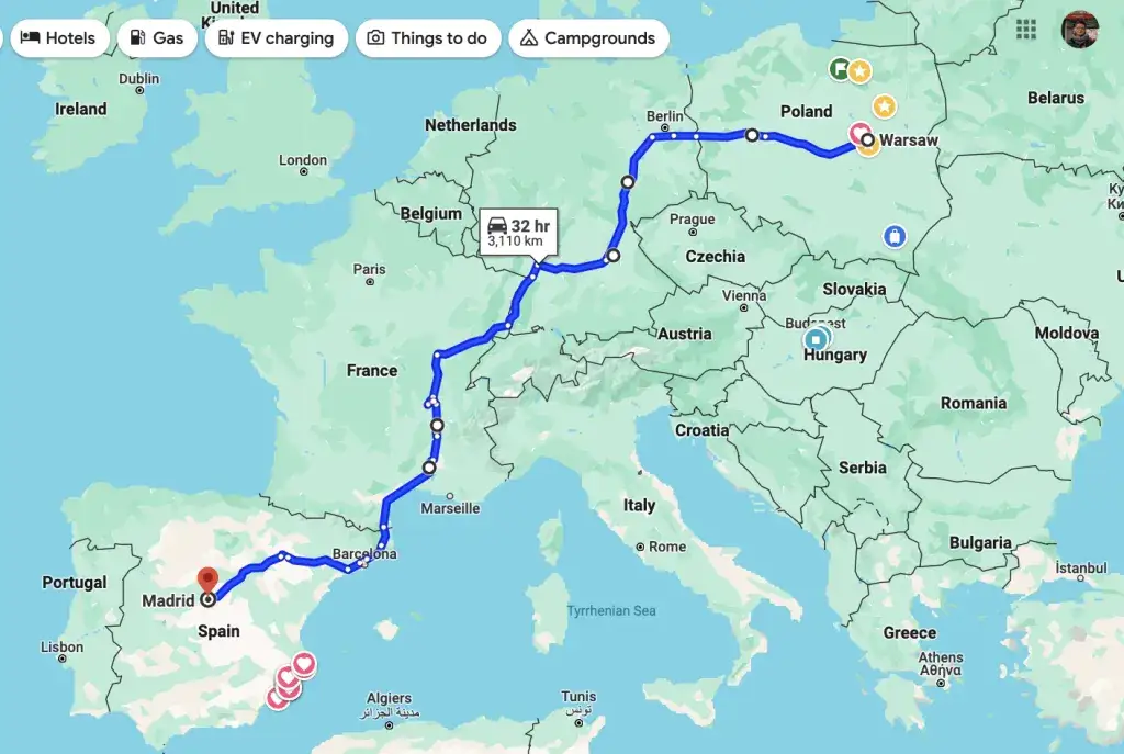 mapa trasy polska hiszpania samochodem