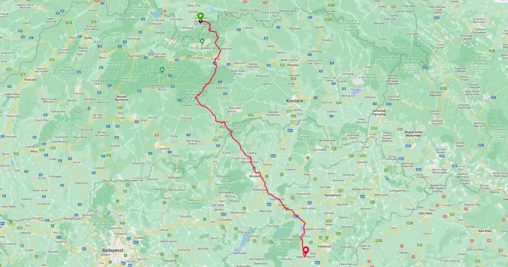 mapa trasy Polska Hajduszoboszlo