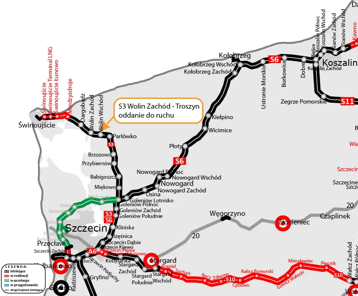 Mapa trasy S3 do Kołobrzegu
