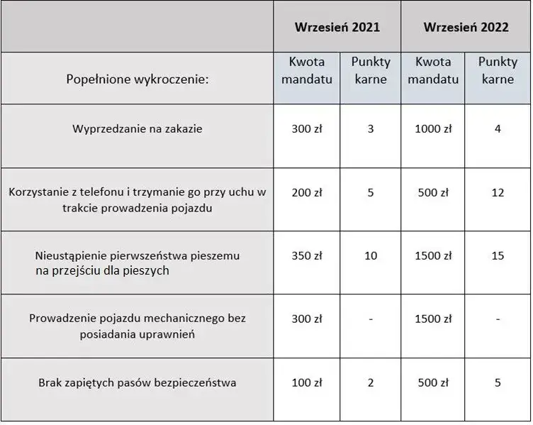 tabela porównująca limity punktów karnych dla młodych i doświadczonych kierowców